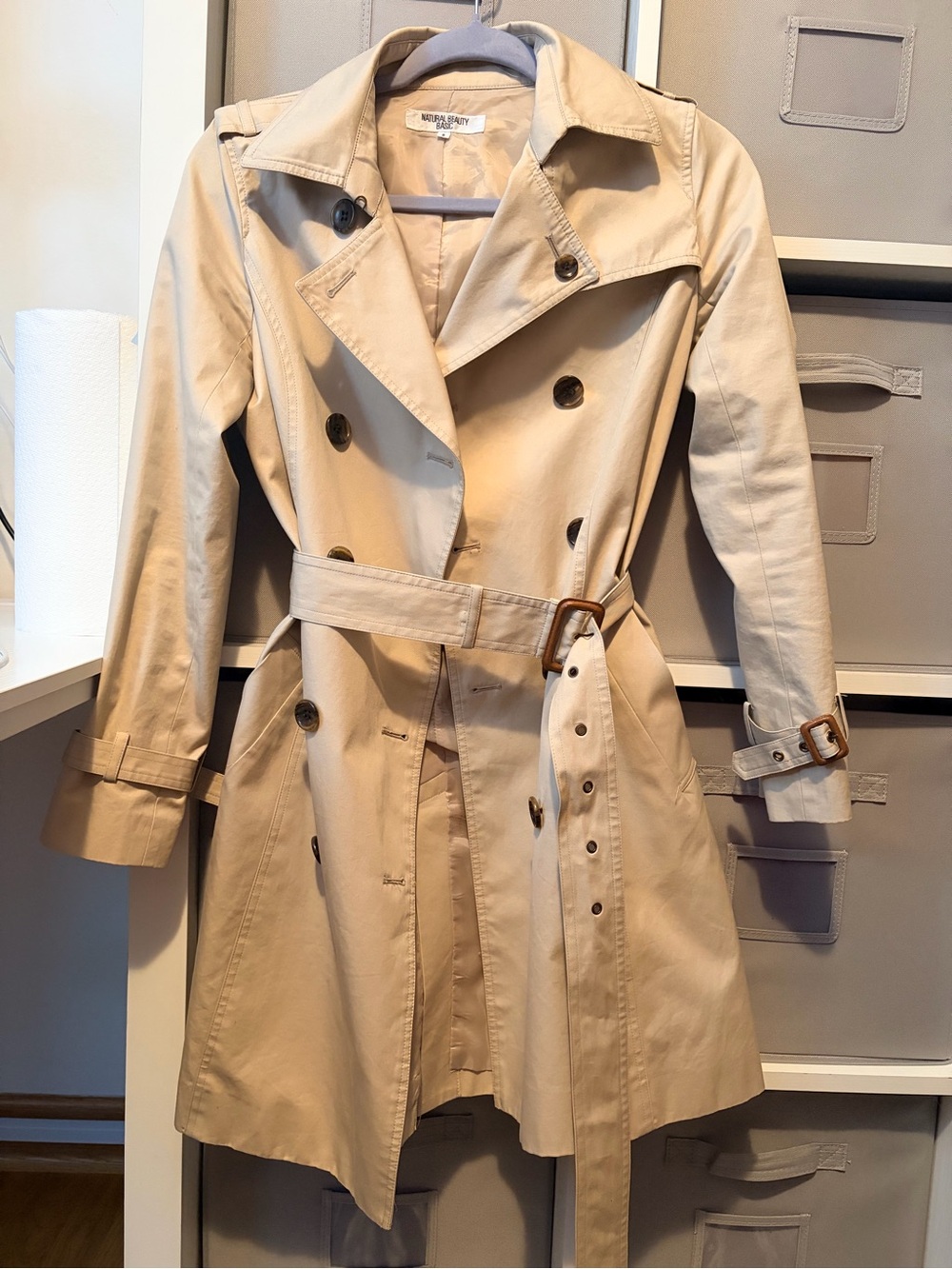 Beige Cotton Double-Breasted Trench Coat with Belt